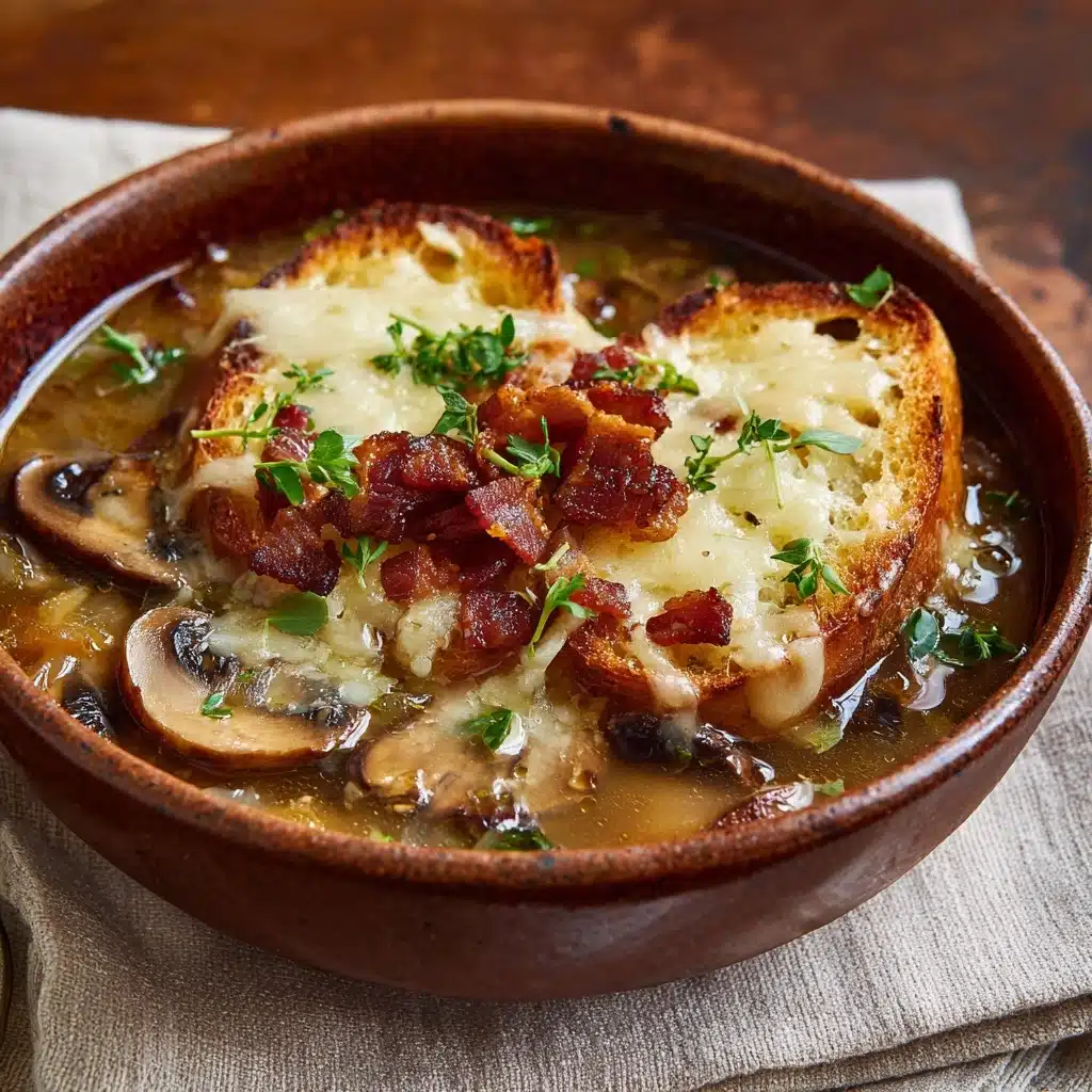 Mushroom & Caramelized Onion Soup with Cheesy Toasties Recipe - Recipe Image
