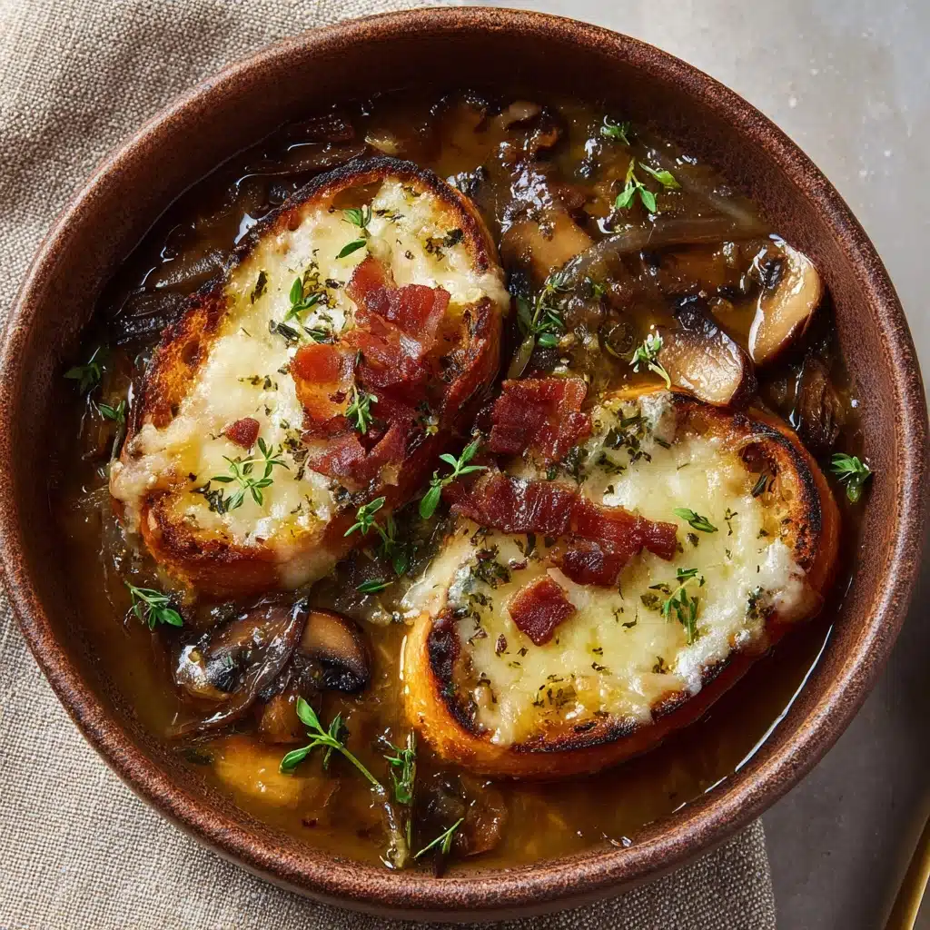 Mushroom & Caramelized Onion Soup with Cheesy Toasties Recipe - Recipe Image