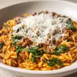 Ground Beef Orzo with Tomato Cream Sauce Recipe