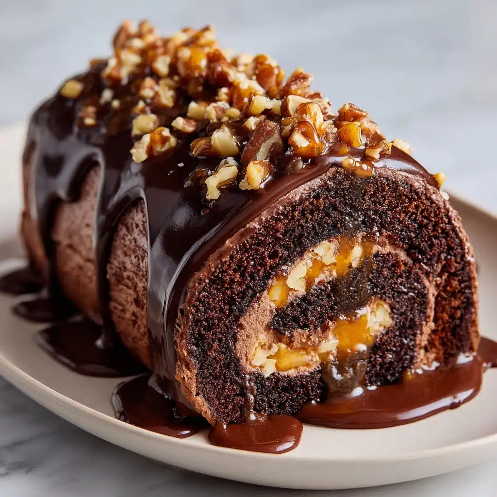 Gooey Chocolate Caramel Turtle Cake Roll Recipe - Recipe Image