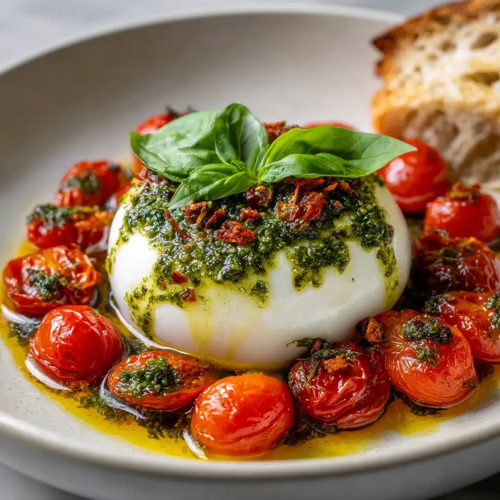 Pesto Burrata Appetizer Topped with Juicy Roasted Tomatoes Recipe - Recipe Image