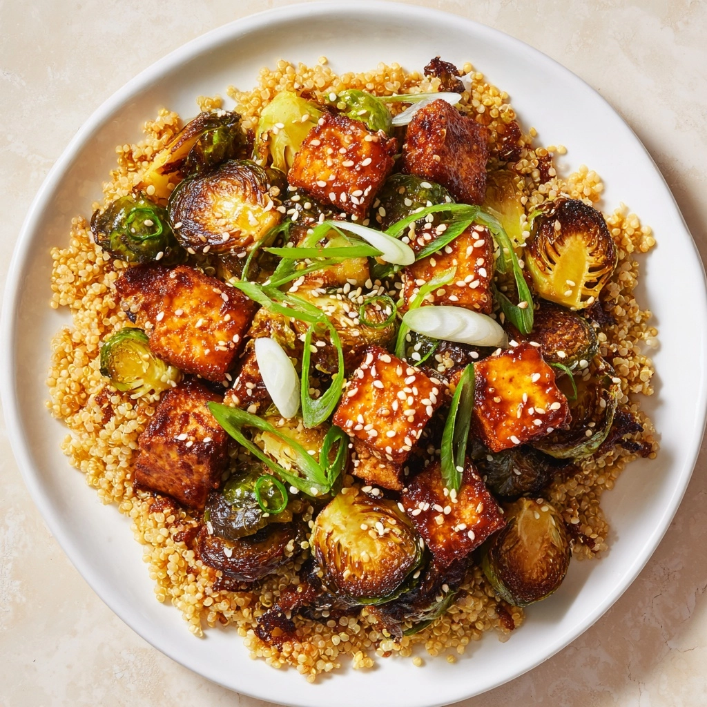 Roasted Brussels Sprouts and Crispy Tofu with Honey-Sesame Glaze Recipe - Recipe Image