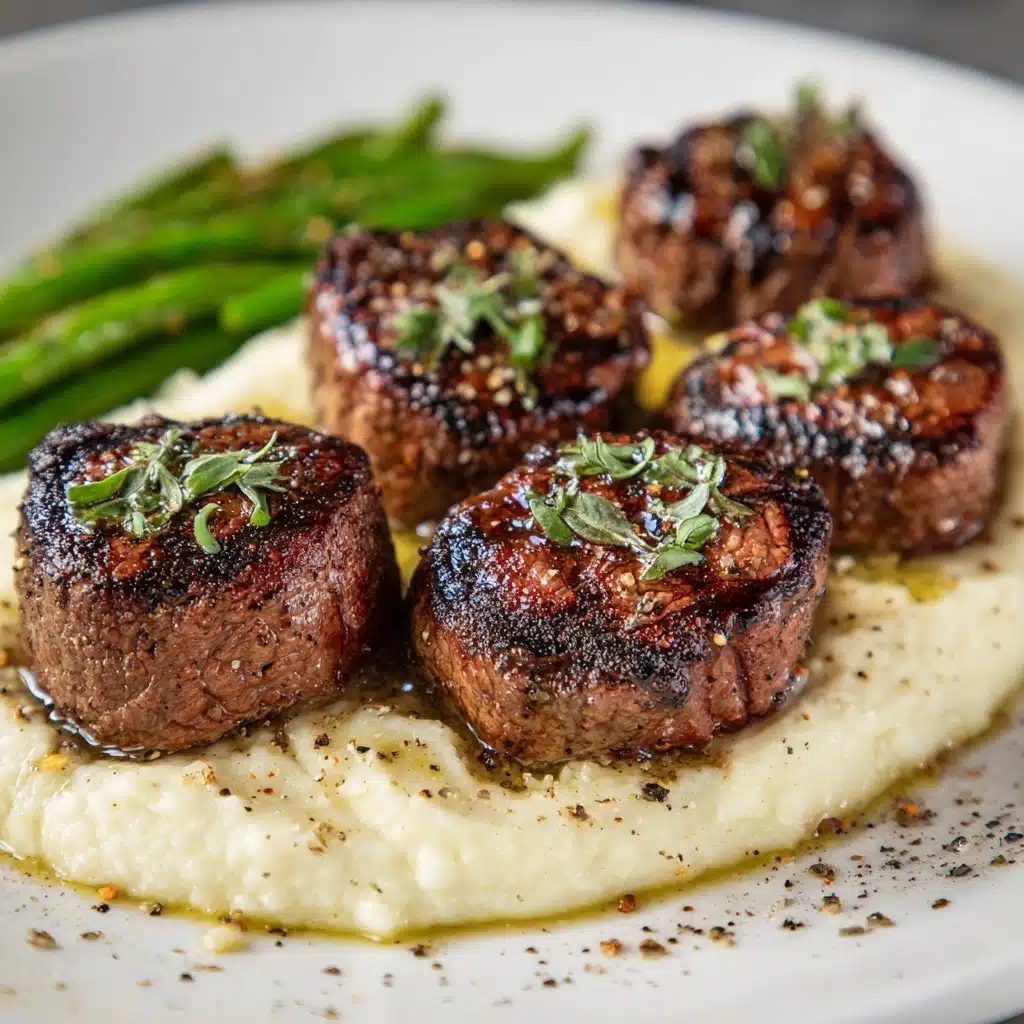 Garlic Butter Steak Bites with Mashed Potatoes and Green Beans Recipe - Recipe Image