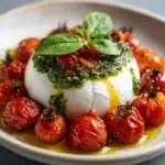 Pesto Burrata Appetizer Topped with Juicy Roasted Tomatoes Recipe