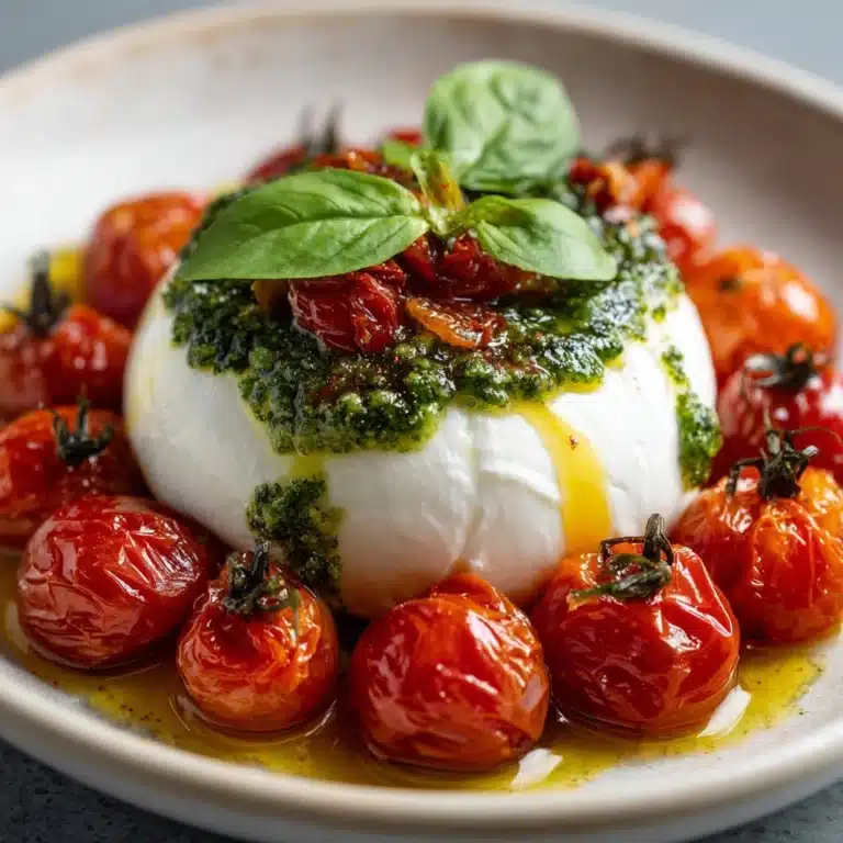 Pesto Burrata Appetizer Topped with Juicy Roasted Tomatoes Recipe