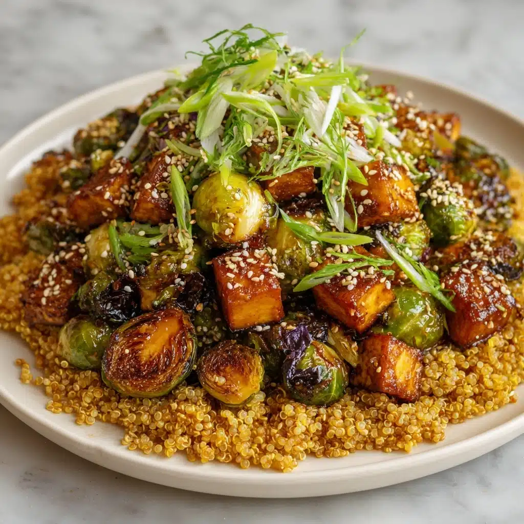 Roasted Brussels Sprouts and Crispy Tofu with Honey-Sesame Glaze Recipe