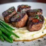 Garlic Butter Steak Bites with Mashed Potatoes and Green Beans Recipe