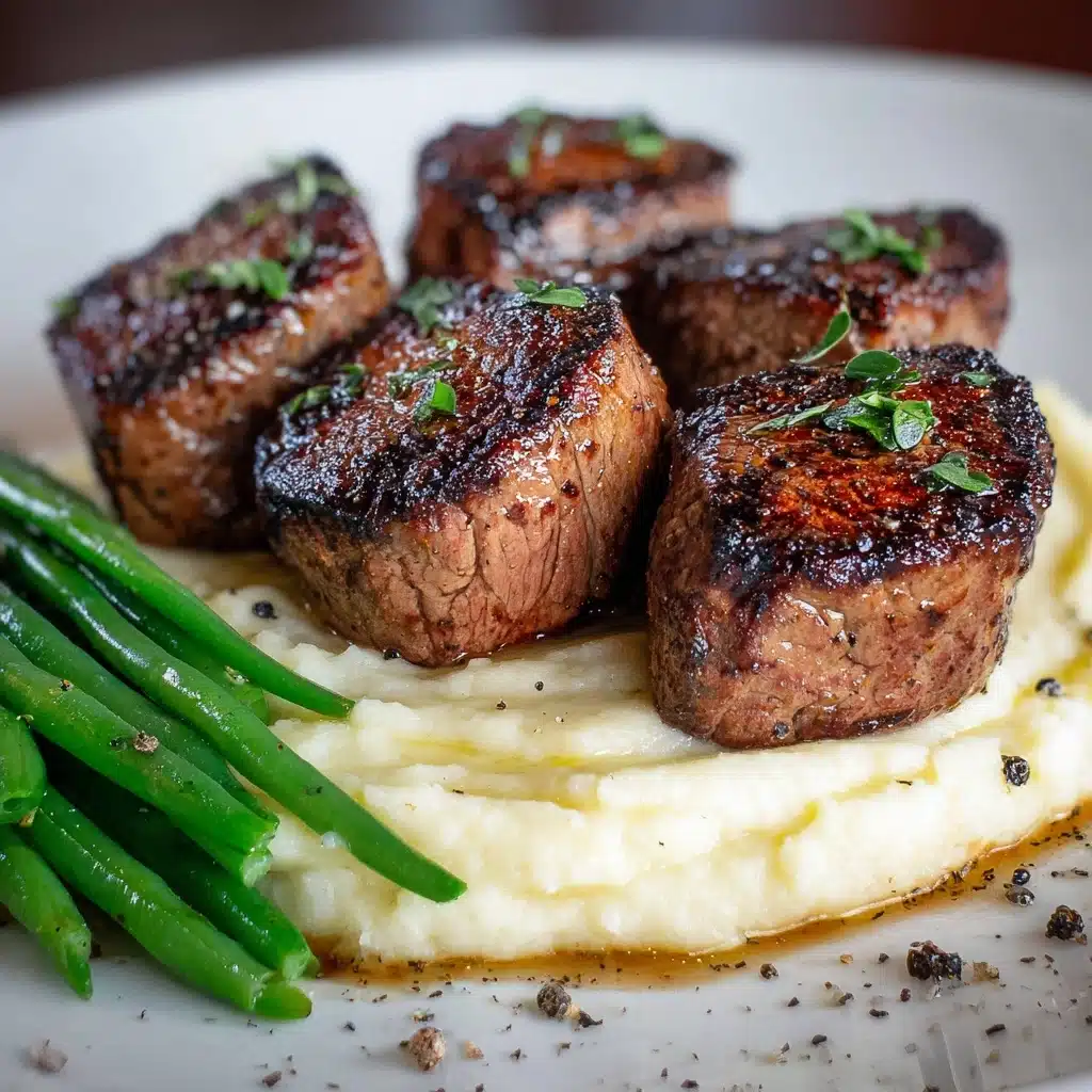 Garlic Butter Steak Bites with Mashed Potatoes and Green Beans Recipe