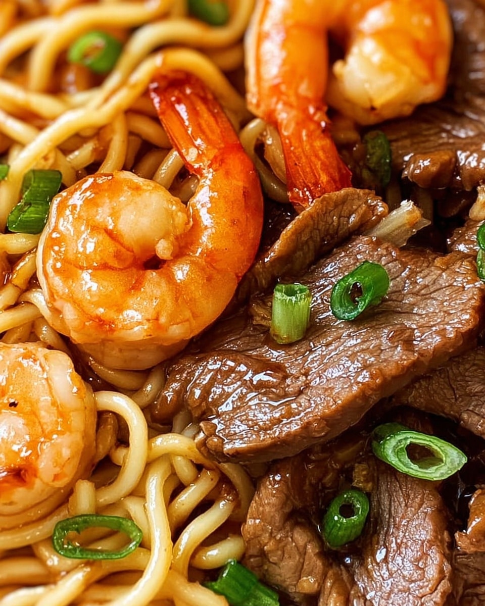 Garlic Butter Steak and Shrimp Stir-Fried Noodles Recipe - Recipe Image