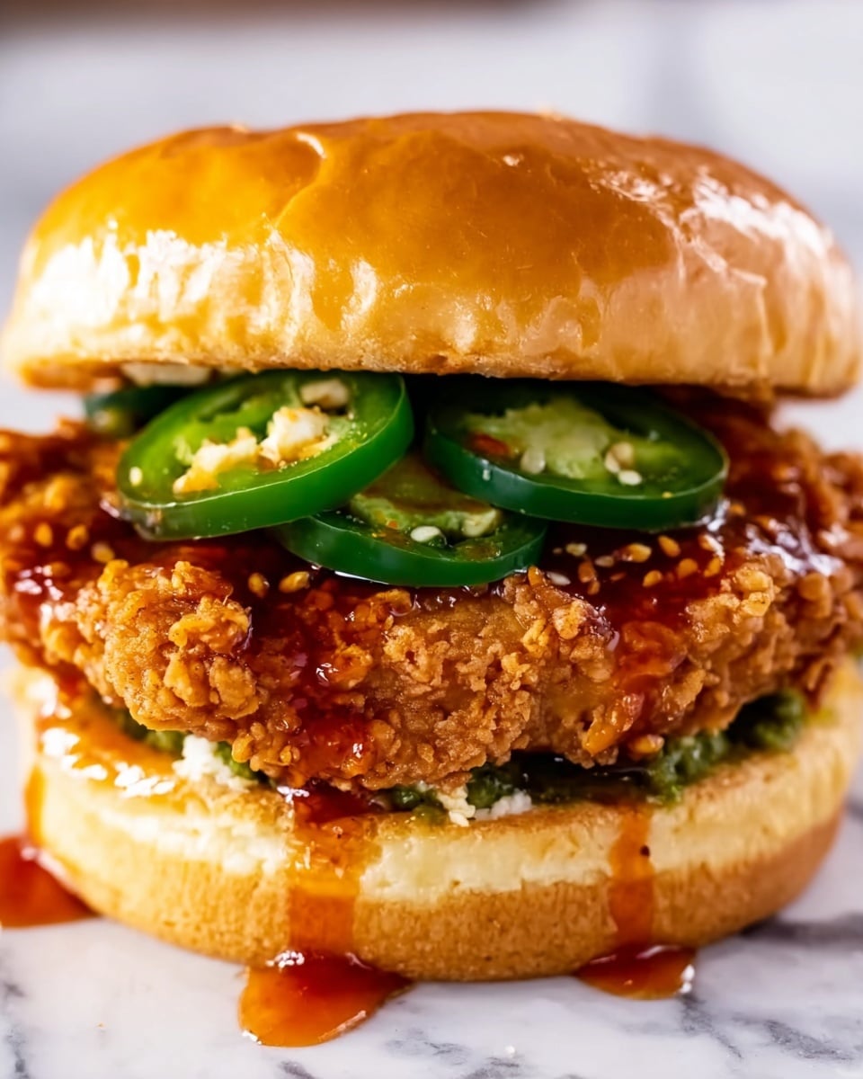 Crispy Fried Chicken Sandwich with Hot Honey and Jalapeños Recipe - Recipe Image