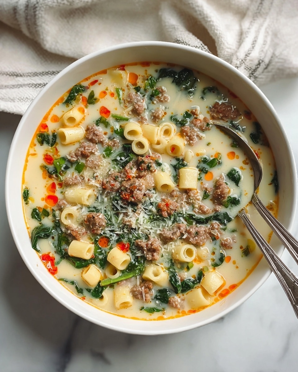 Italian Sausage Soup with Spinach and Pasta Recipe - Recipe Image