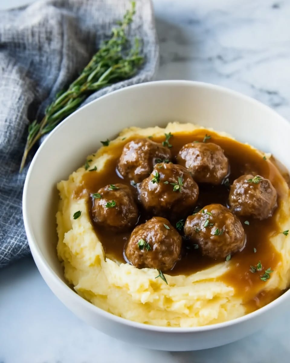 Mashed Potatoes with Meatball Mushroom Stew Recipe - Recipe Image