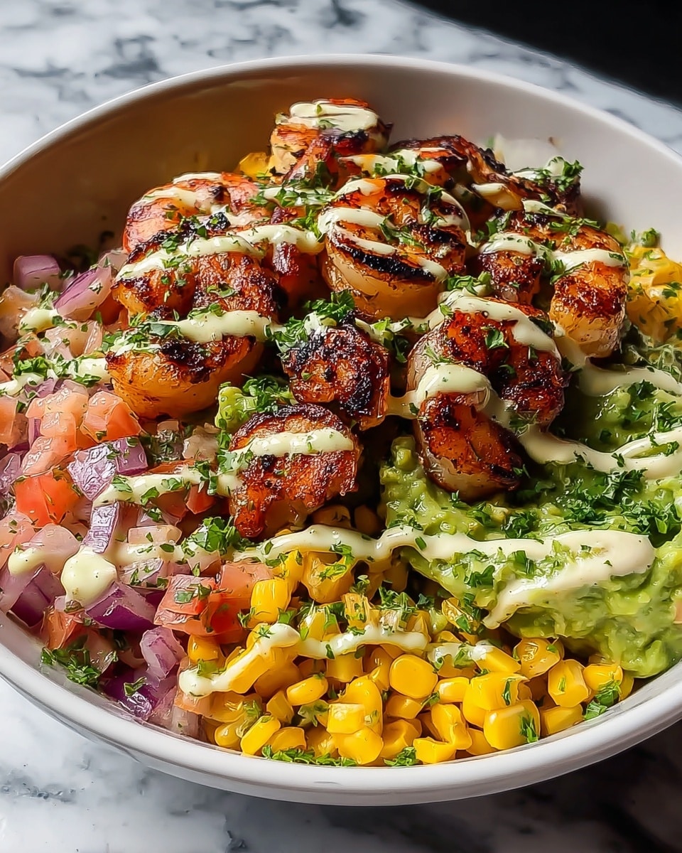 Grilled Shrimp Bowl with Avocado Corn Salsa and Creamy Garlic Sauce Recipe - Recipe Image