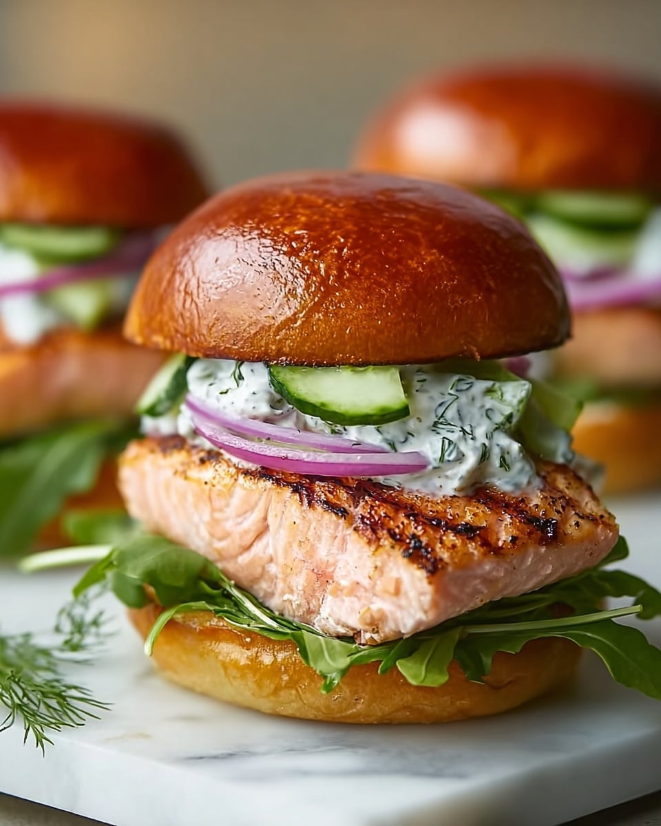 Salmon Sliders with Yogurt-Cucumber-Dill Sauce Recipe - Recipe Image