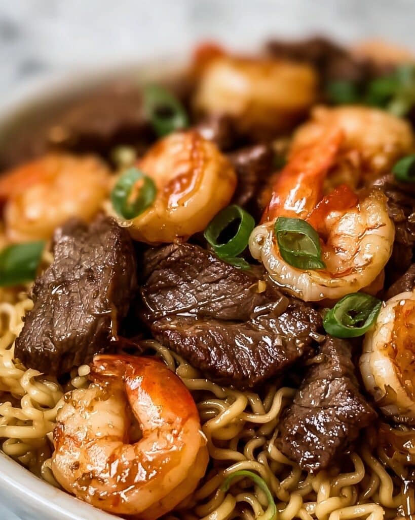 Garlic Butter Steak and Shrimp Stir-Fried Noodles Recipe
