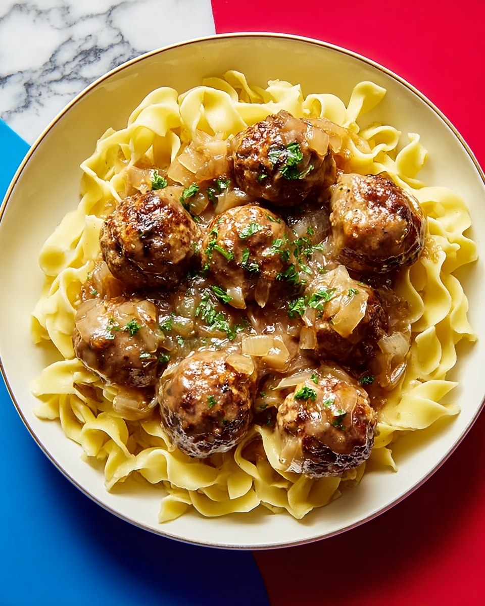Saucy Skillet French Onion Meatballs with Egg Noodles Recipe - Recipe Image