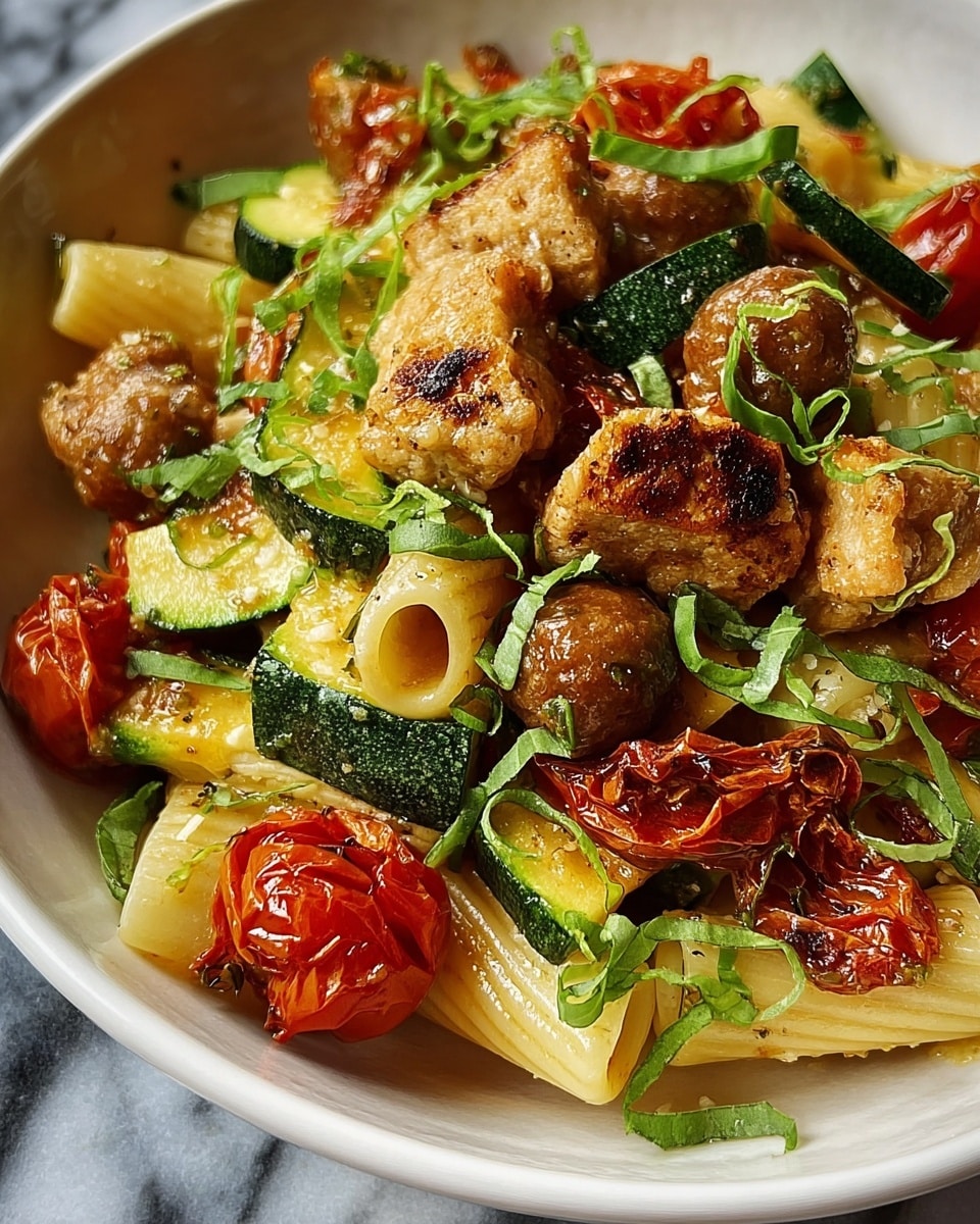 Chicken Sausages with Zucchini, Tomatoes, and Pasta Recipe - Recipe Image