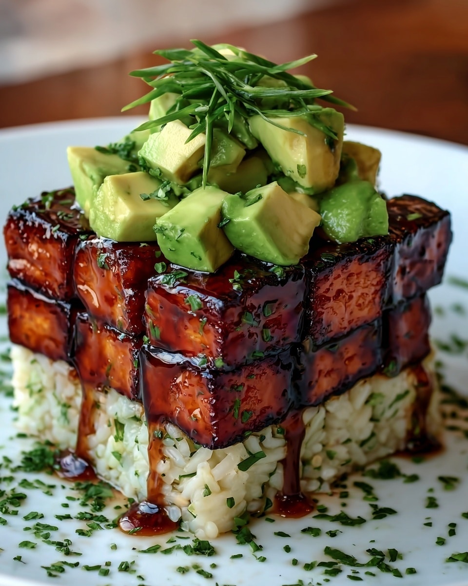 Crispy Teriyaki Tofu and Avocado Rice Stack Recipe - Recipe Image