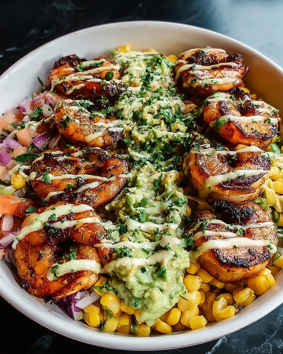 Grilled Shrimp Bowl with Avocado Corn Salsa and Creamy Garlic Sauce Recipe - Recipe Image