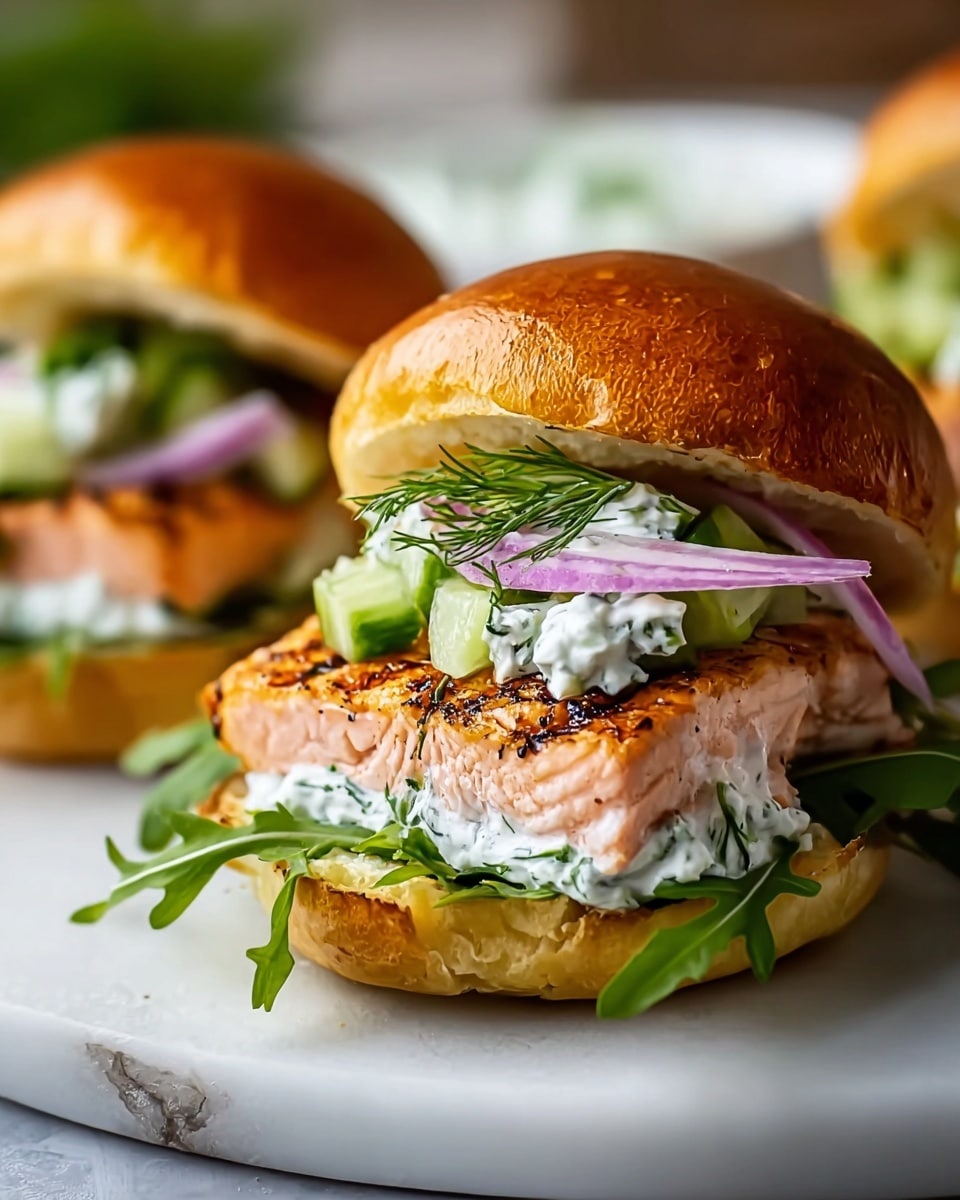 Salmon Sliders with Yogurt-Cucumber-Dill Sauce Recipe - Recipe Image
