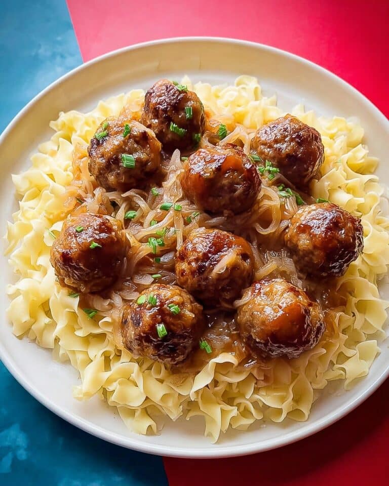 Saucy Skillet French Onion Meatballs with Egg Noodles Recipe