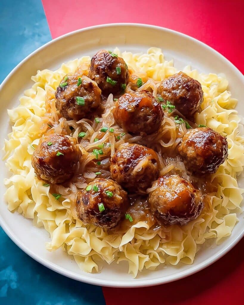 Saucy Skillet French Onion Meatballs with Egg Noodles Recipe