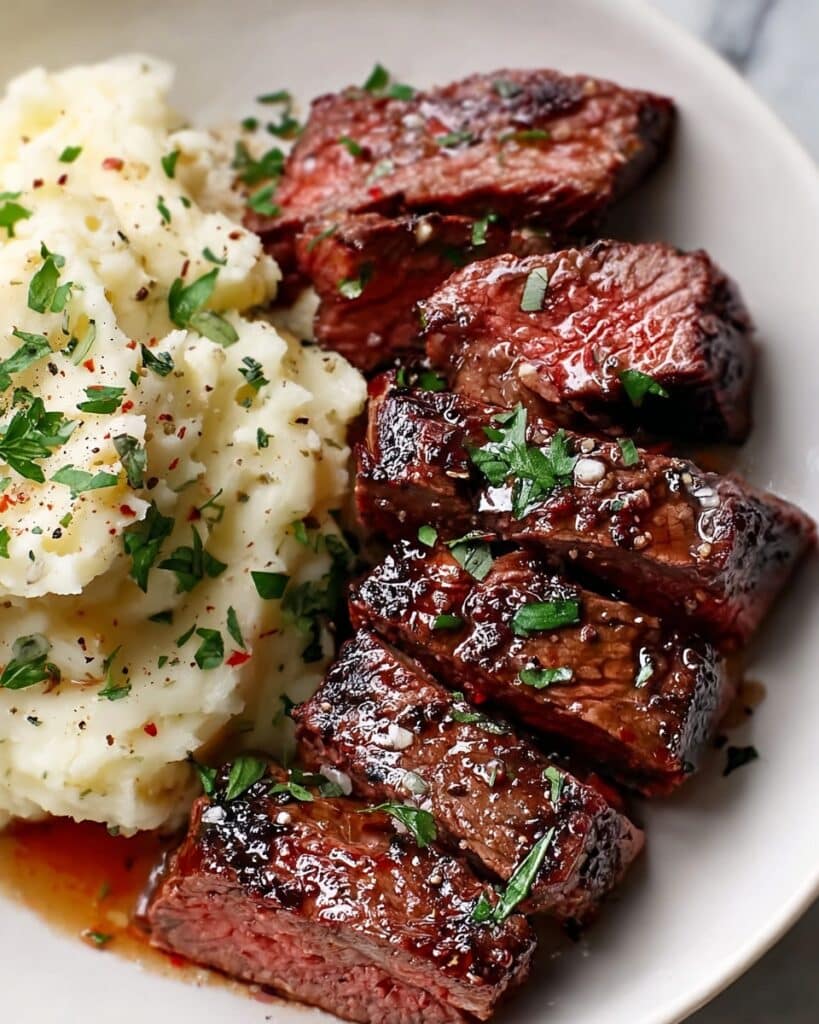 Garlic Parmesan Steak Bites with Mashed Potatoes Recipe