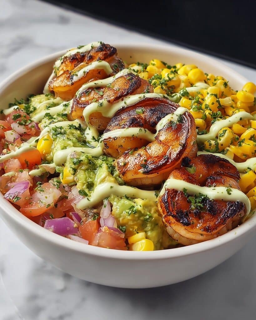 Grilled Shrimp Bowl with Avocado Corn Salsa and Creamy Garlic Sauce Recipe