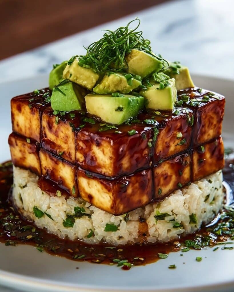 Crispy Teriyaki Tofu and Avocado Rice Stack Recipe