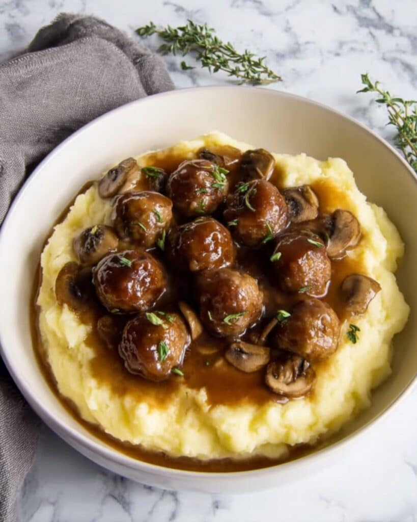 Mashed Potatoes with Meatball Mushroom Stew Recipe