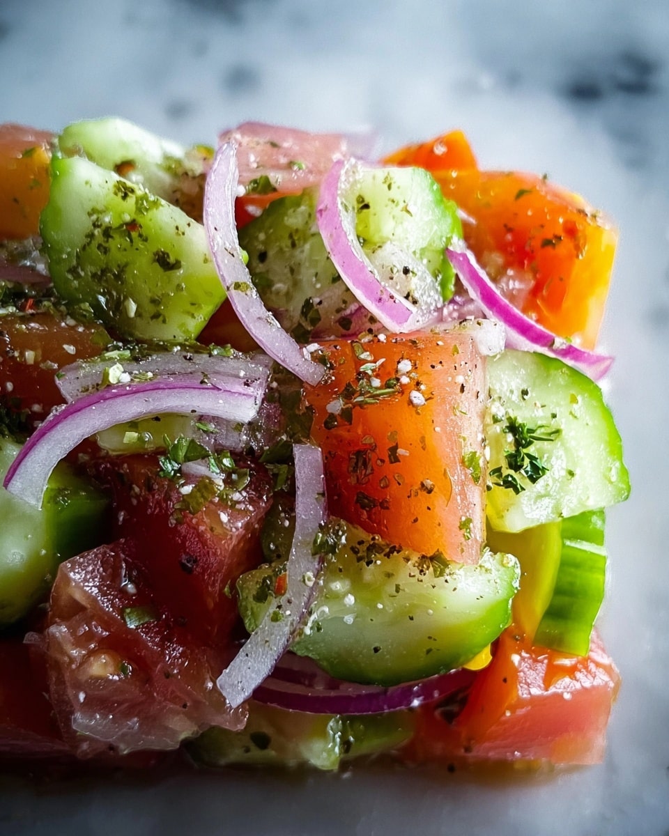 Fresh & Tangy Marinated Cucumber, Onion, and Tomato Salad Recipe - Recipe Image