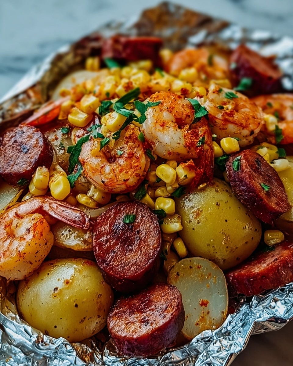 Shrimp, Corn, Potatoes, and Smoked Sausage Foil Pack Recipe - Recipe Image