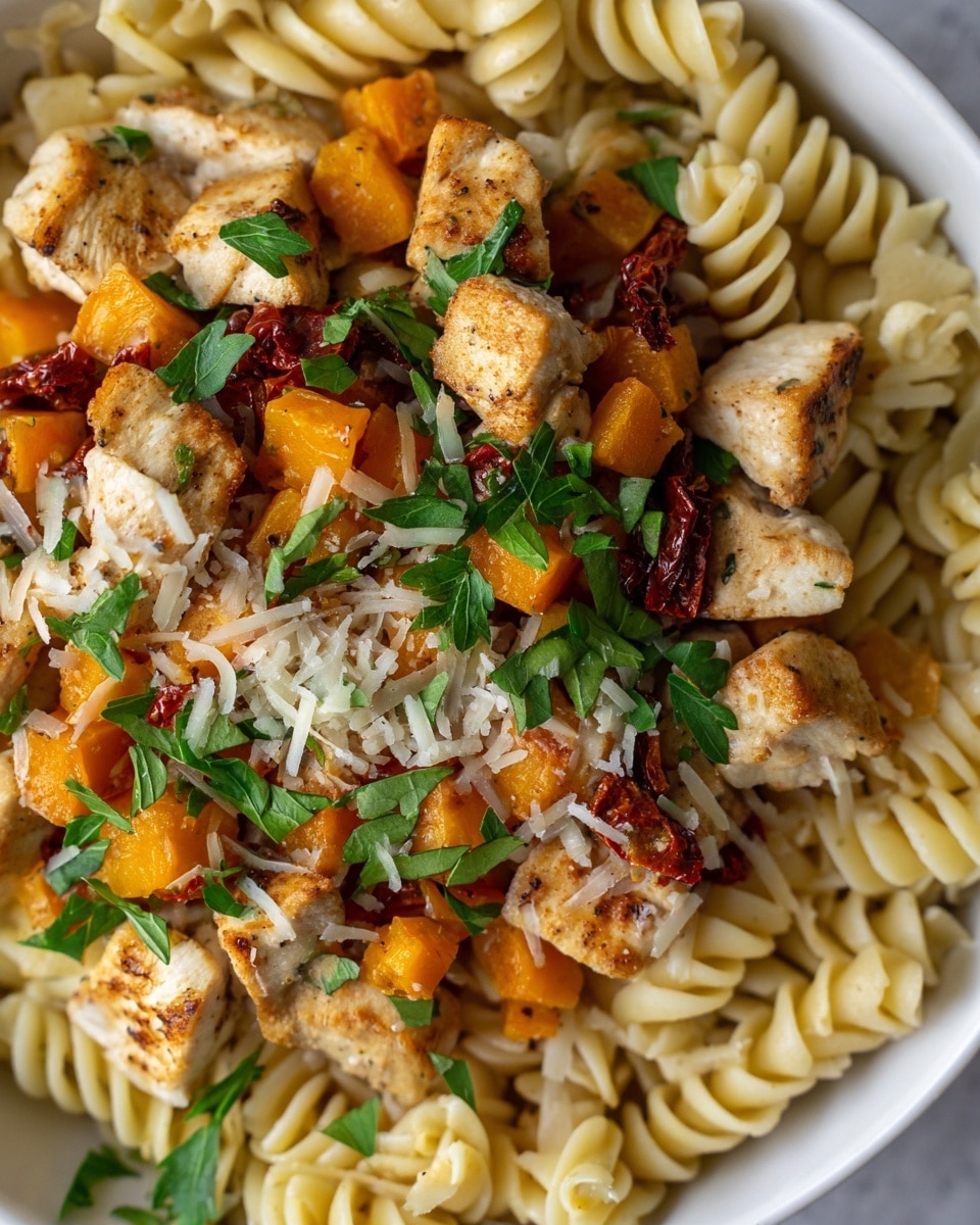 Roasted Butternut Squash and Sun-Dried Tomato Chicken Pasta Recipe - Recipe Image
