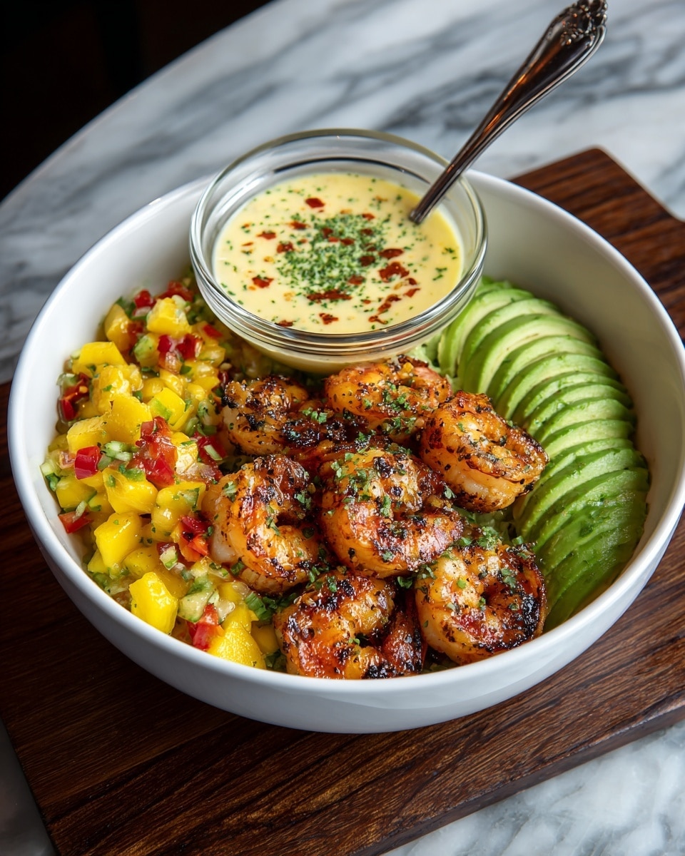 Shrimp and Avocado Bowls with Mango Salsa and Lime-Chili Sauce Recipe - Recipe Image