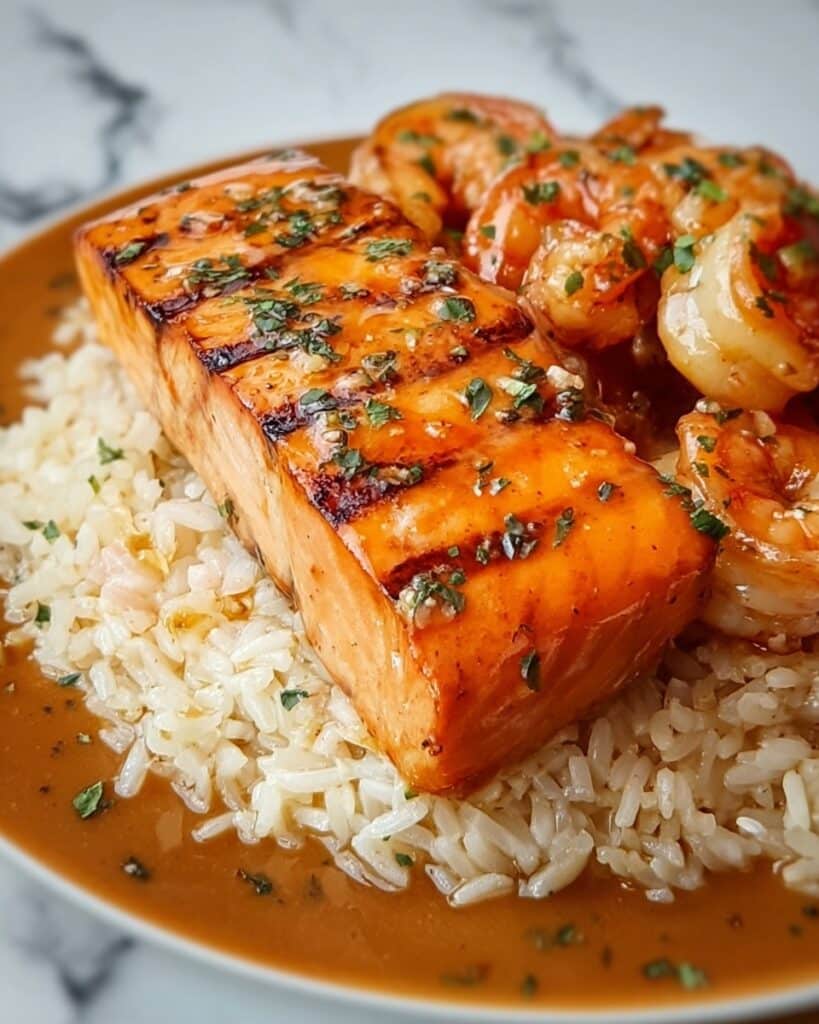 Honey Garlic Salmon & Shrimp over Garlic Butter Rice Recipe