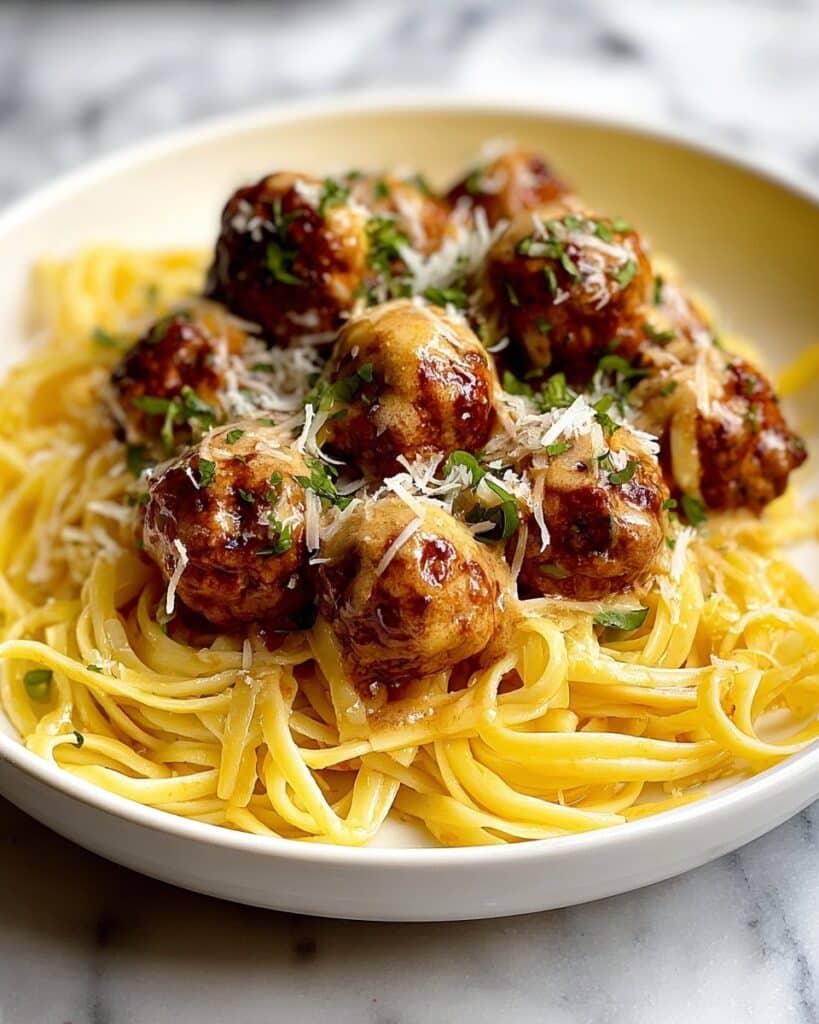 Easy Garlic Butter Meatballs Served Over Creamy Parmesan Linguine Recipe
