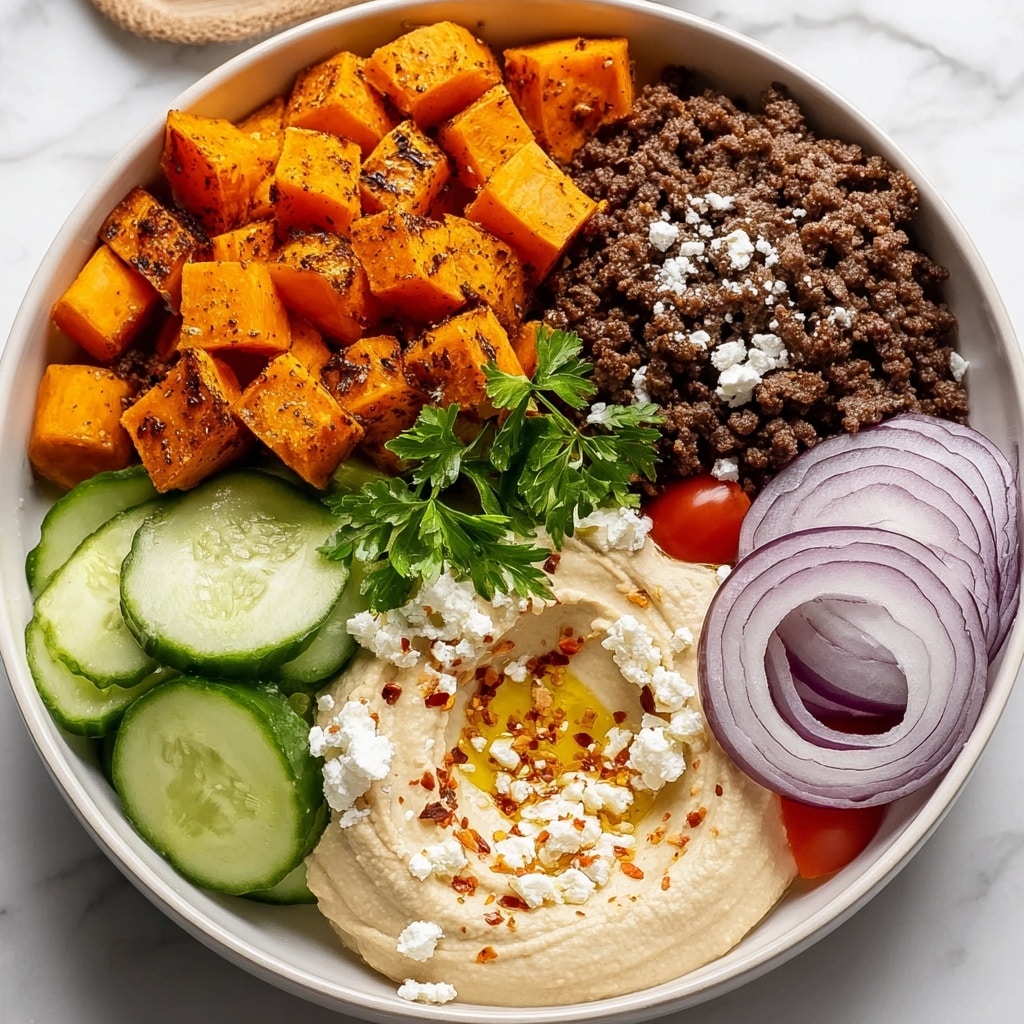 Ground Beef Bowl with Roasted Sweet Potatoes and Fresh Toppings Recipe - Recipe Image