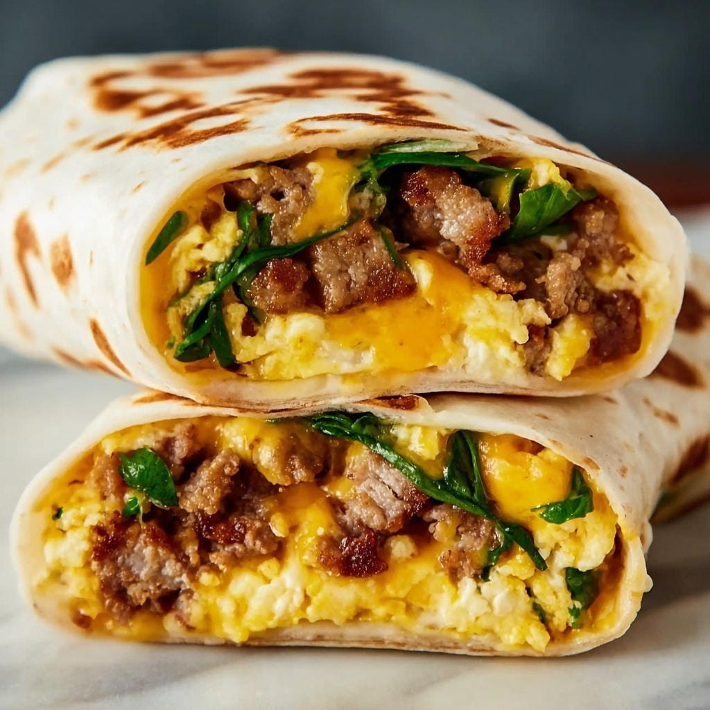 Breakfast Burritos with Sausage, Hash Browns, Spinach, and Cheddar Recipe - Recipe Image