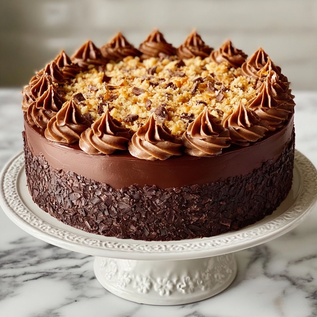 Chocolate German Cake with Coconut-Pecan Filling and Vanilla Buttercream Recipe - Recipe Image