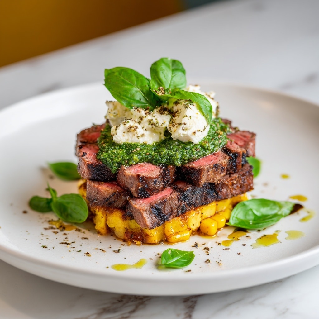 Grilled Flank Steak with Burrata and Arugula Pesto Recipe - Recipe Image