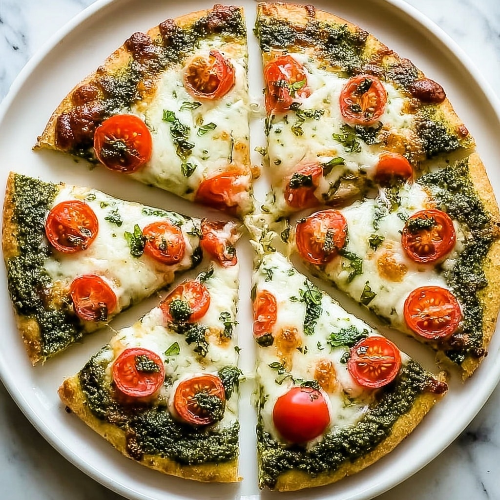 Pesto Pizza with Mozzarella, Cherry Tomatoes, and Fresh Basil Recipe - Recipe Image