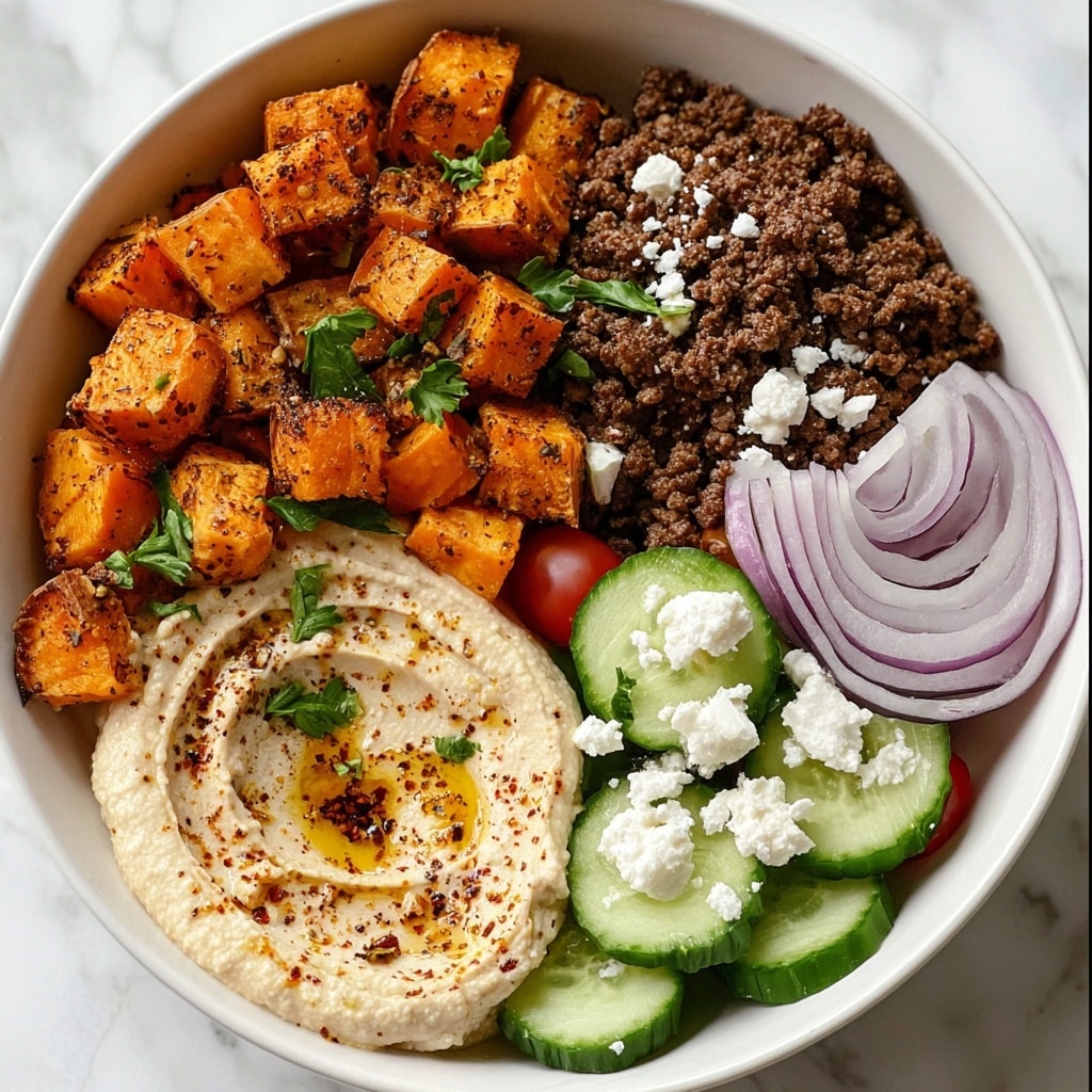Ground Beef Bowl with Roasted Sweet Potatoes and Fresh Toppings Recipe - Recipe Image