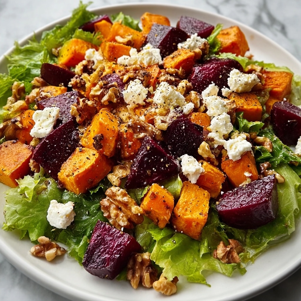 Creamy Roasted Beet and Sweet Potato Salad with Feta and Walnut Dressing Recipe - Recipe Image