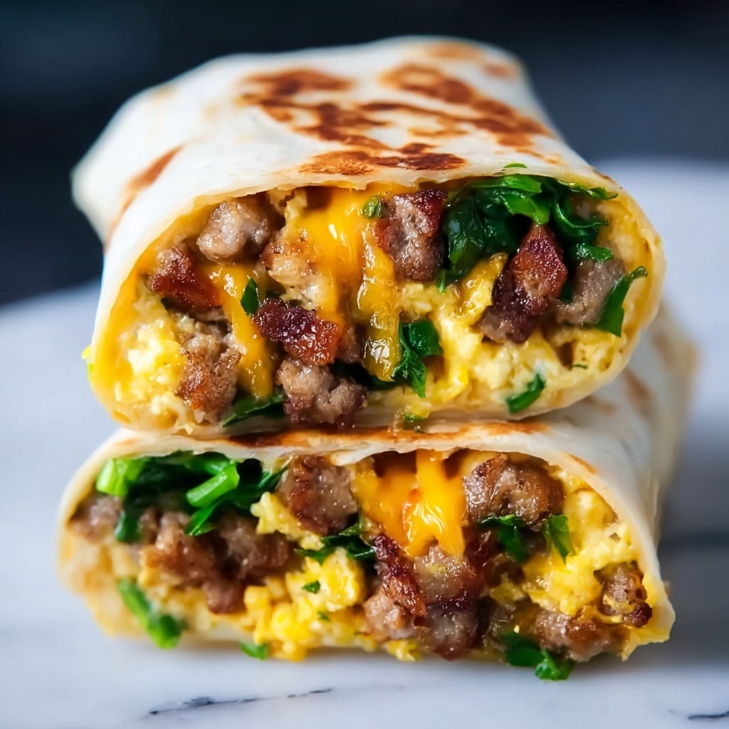 Breakfast Burritos with Sausage, Hash Browns, Spinach, and Cheddar Recipe - Recipe Image