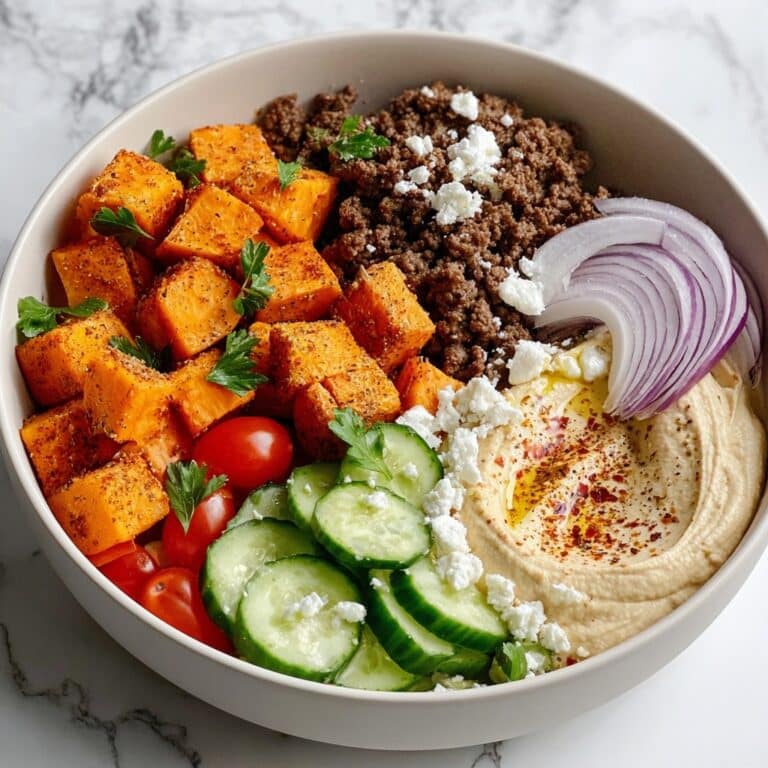 Ground Beef Bowl with Roasted Sweet Potatoes and Fresh Toppings Recipe