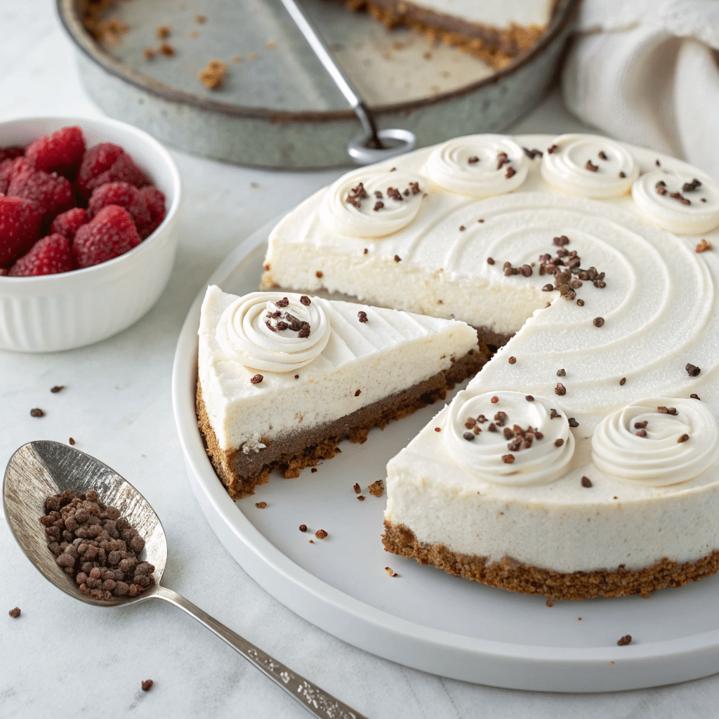 No-Bake Cheesecake with Fresh Berries, Chocolate Shavings, and Caramel Sauce Recipe - Recipe Image