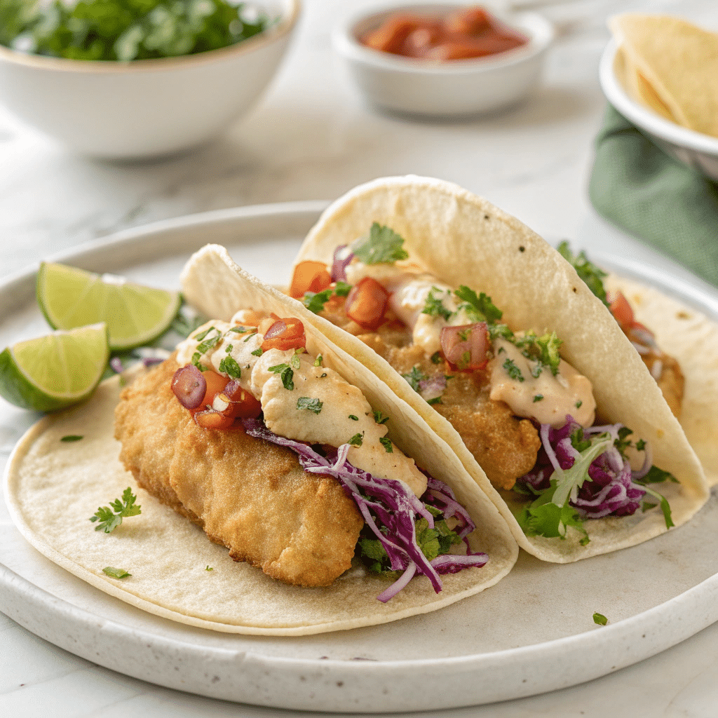 Cod Fish Tacos with Cabbage Slaw and Lime Mayo Recipe - Recipe Image
