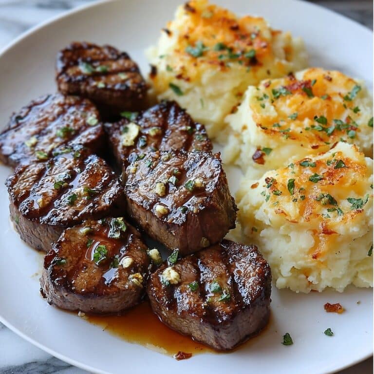 Garlic Butter Steak Bites with Cheesy Smashed Potatoes Recipe