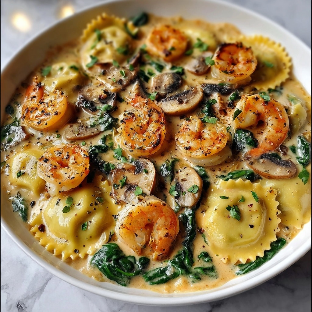 Seafood Ravioli with Spinach and Mushrooms in Garlic Cream Sauce Recipe