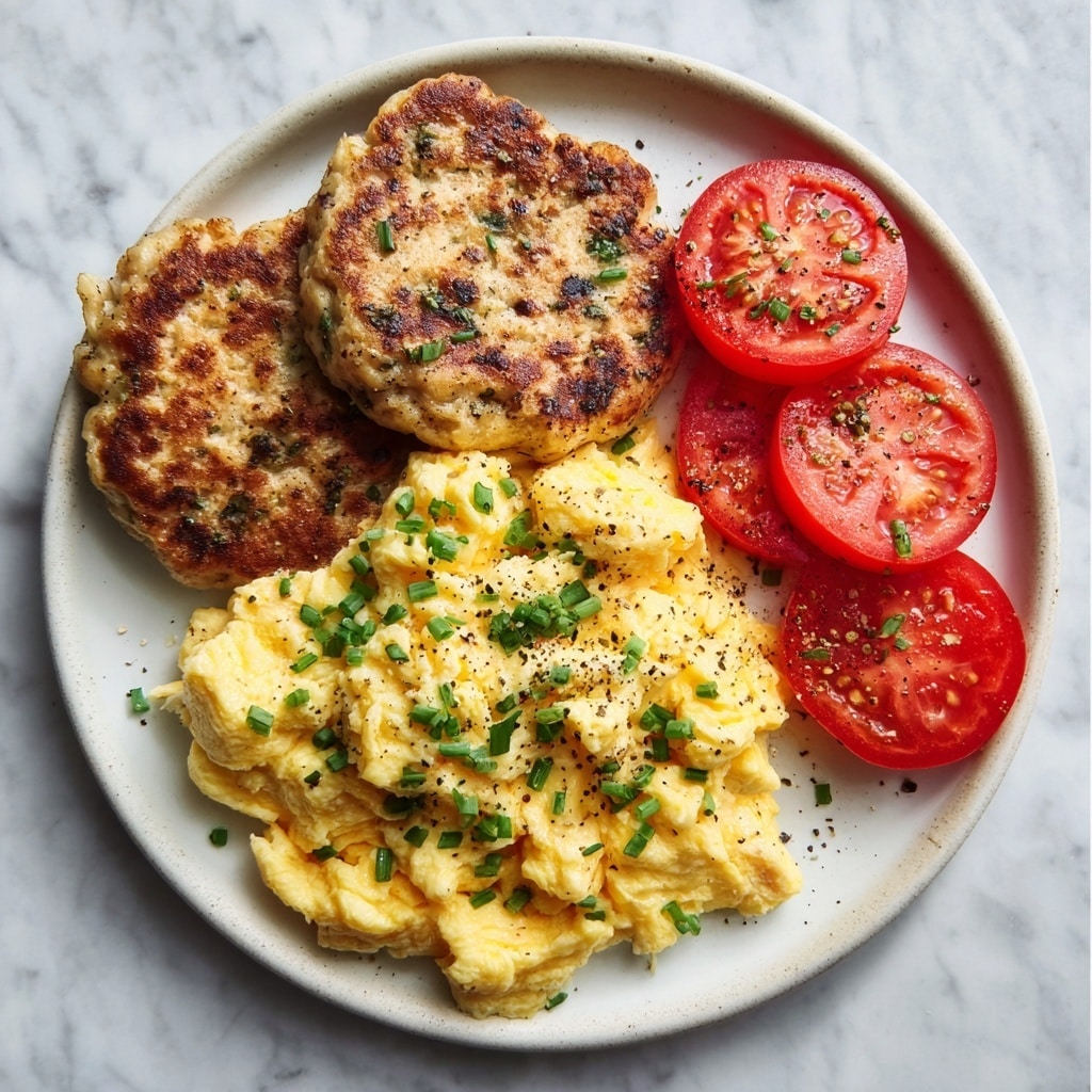 Breakfast Feast with Scrambled Eggs, Sausage Patties, Biscuits, and Tomatoes Recipe